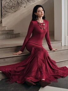 Anewsta Autumn/Winter Elegant Maroon Long Sleeve Ruffle Hem Fitted Dress For Women - Red - View 4