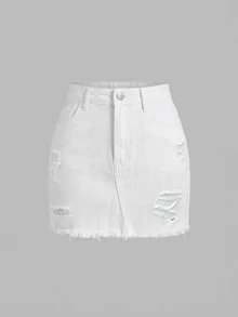 SHEIN MOD 大码女式口袋做旧休闲牛仔迷你裙 - 白色 - 查看 1