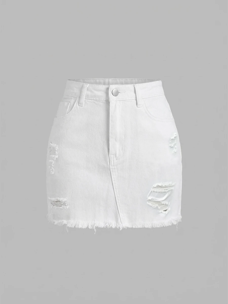 SHEIN MOD 大码女式口袋做旧休闲牛仔迷你裙 - 白色 - 查看 1
