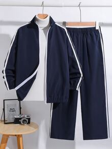 SHEIN 2件組兒童青少年男孩休閒街頭風韓式雪花連帽長袖衛衣與純色鬆緊腰運動長褲套裝，適合返校、生日、嬰兒洗禮、節日派對，秋冬穿著 - 彩色 - 查看 3