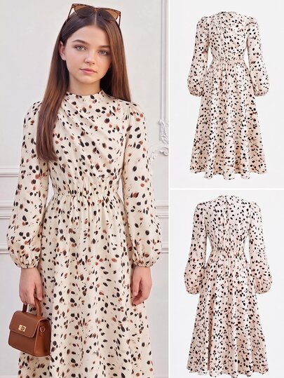 Girlism Kids Tween Girl Leopard Print Long Sleeve Casual Downtown Girl Elegant Dress Commute Stand Collar Lantern Sleeve A-Line Back To School Autumn Party