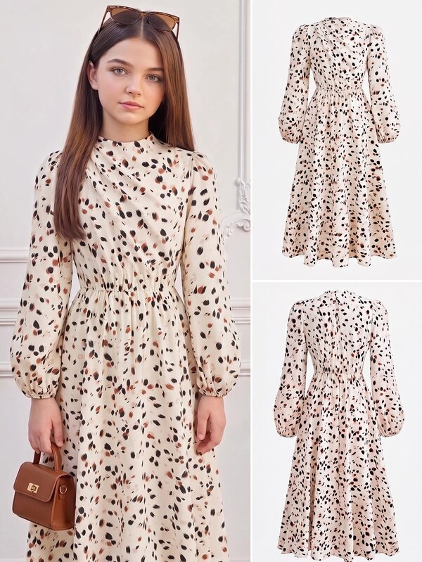Girlism Kids Tween Girl Leopard Print Long Sleeve Casual Downtown Girl Elegant Dress Commute Stand Collar Lantern Sleeve A-Line Back To School Autumn Party