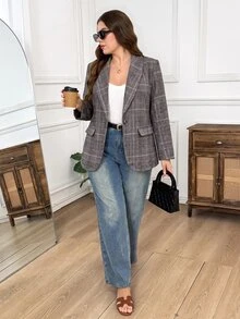 Easowa Curve 大尺碼女款千鳥格長袖休閒寬鬆俐落西裝外套 辦公商務 灰色 夏季 - 咖啡棕 - 查看 4