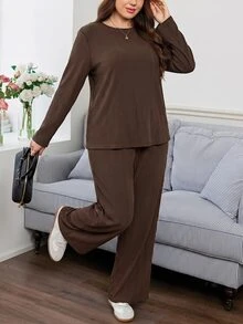 Easowa Curve Plus Size Solid Color Top And Pants 2 Pieces Set - Mocha Brown - View 6