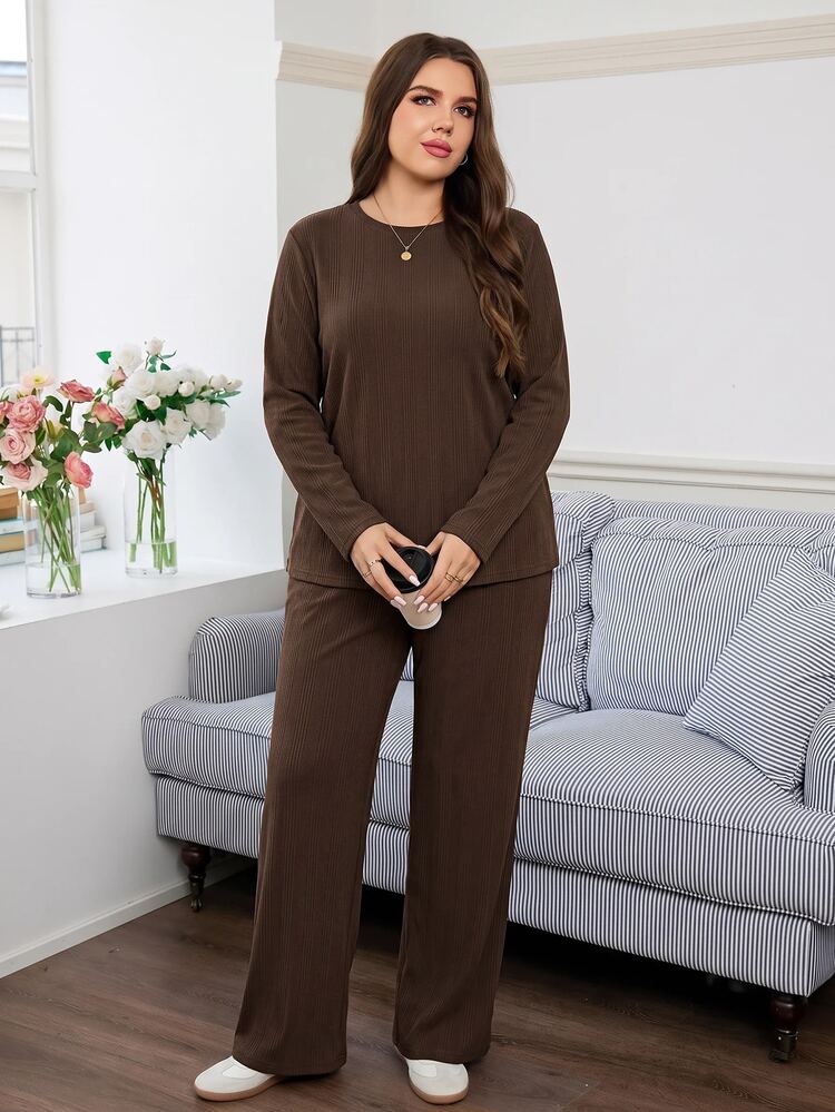 Easowa Curve Plus Size Solid Color Top And Pants 2 Pieces Set - Mocha Brown - View 5