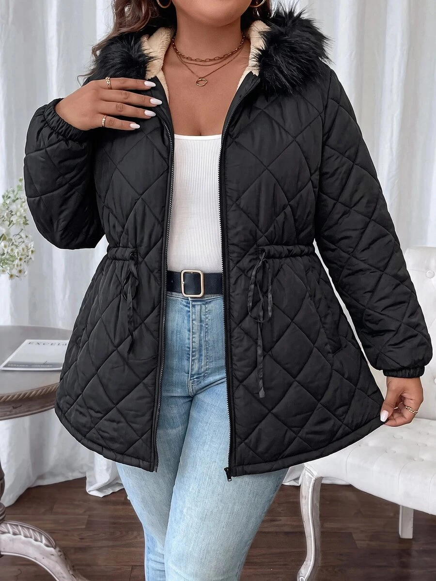 Comfylo Plus Size Women's Solid Color Long Sleeve Zipper Front Drawstring Waist Hooded Winter Jacket - Black - View 1