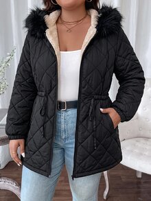 Comfylo Plus Size Women's Solid Color Long Sleeve Zipper Front Drawstring Waist Hooded Winter Jacket - Black - View 3