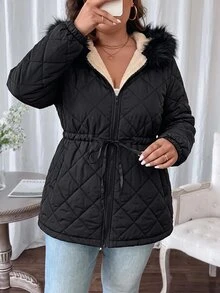 Comfylo Plus Size Women's Solid Color Long Sleeve Zipper Front Drawstring Waist Hooded Winter Jacket - Black - View 7