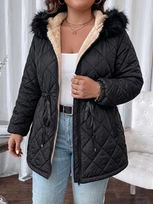 Comfylo Plus Size Women's Solid Color Long Sleeve Zipper Front Drawstring Waist Hooded Winter Jacket - Black - View 4