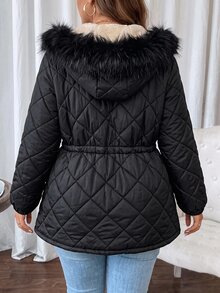 Comfylo Plus Size Women's Solid Color Long Sleeve Zipper Front Drawstring Waist Hooded Winter Jacket - Black - View 2