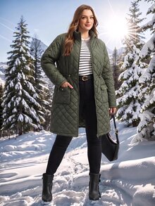 Easowa Curve Plus Size Winter Casual Versatile Drawstring Waist Jacket - Army Green - View 2