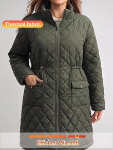 Easowa Curve Plus Size Winter Casual Versatile Drawstring Waist Jacket - Army Green - View 4