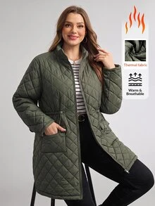 Easowa Curve Plus Size Winter Casual Versatile Drawstring Waist Jacket - Army Green - View 7