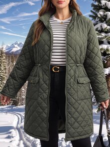 Easowa Curve Plus Size Winter Casual Versatile Drawstring Waist Jacket - Army Green - View 8