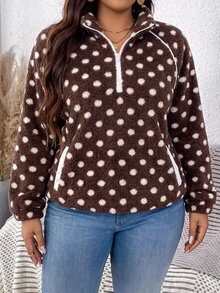 SHEIN LUNE Plus Size Autumn/Winter Casual Polka Dot Print Warm Sweatshirt - Coffee Brown - View 5