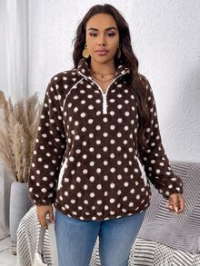 SHEIN LUNE Plus Size Autumn/Winter Casual Polka Dot Print Warm Sweatshirt - Coffee Brown - View 3