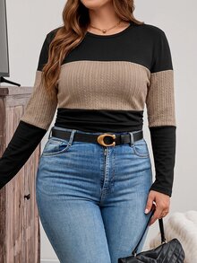 SHEIN LUNE 大尺碼女款拼色休閒日常長袖T恤 秋季 - 黑色 - 查看 6