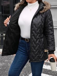 SHEIN LUNE Plus Size Women's Long Sleeve Zipper Front Patchwork Fur Collar Hooded Winter Jacket - Black - View 5