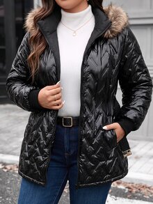 SHEIN LUNE Plus Size Women's Long Sleeve Zipper Front Patchwork Fur Collar Hooded Winter Jacket - Black - View 7