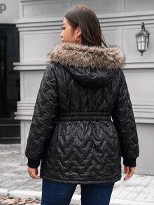 SHEIN LUNE Plus Size Women's Long Sleeve Zipper Front Patchwork Fur Collar Hooded Winter Jacket - Black - View 2