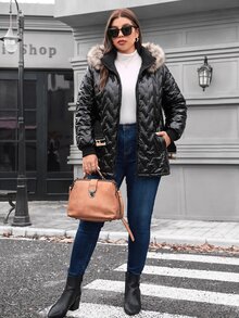 SHEIN LUNE Plus Size Women's Long Sleeve Zipper Front Patchwork Fur Collar Hooded Winter Jacket - Black - View 4