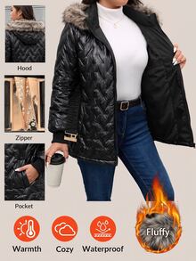 SHEIN LUNE Plus Size Women's Long Sleeve Zipper Front Patchwork Fur Collar Hooded Winter Jacket - Black - View 1