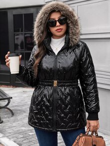 SHEIN LUNE Plus Size Women's Long Sleeve Zipper Front Patchwork Fur Collar Hooded Winter Jacket - Black - View 6