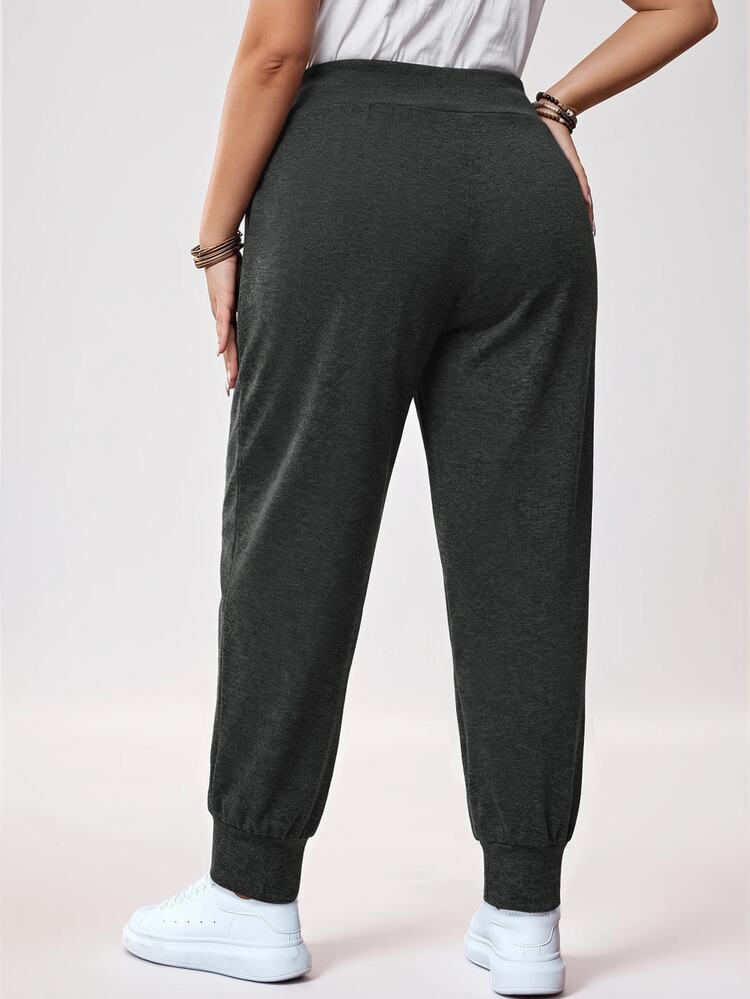SHEIN LUNE Plus Size Fitted Army Green Casual Sports Long Pants With Pockets Fall - Black - View 2