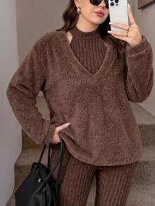 Easowa Curve 大尺碼女款純色掛脖背心、緊身褲與長袖上衣休閒替代套裝 正式居家服 棕色 冬季 - 咖啡棕 - 查看 6