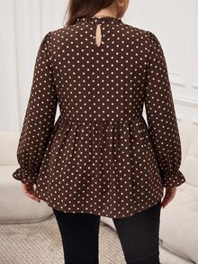 Easowa Curve Plus Size Autumn Casual Polka Dot Print Shirt - Coffee Brown - View 2