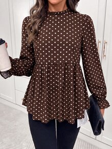Easowa Curve Plus Size Autumn Casual Polka Dot Print Shirt - Coffee Brown - View 5
