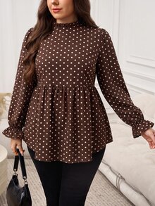 Easowa Curve Plus Size Autumn Casual Polka Dot Print Shirt - Coffee Brown - View 9