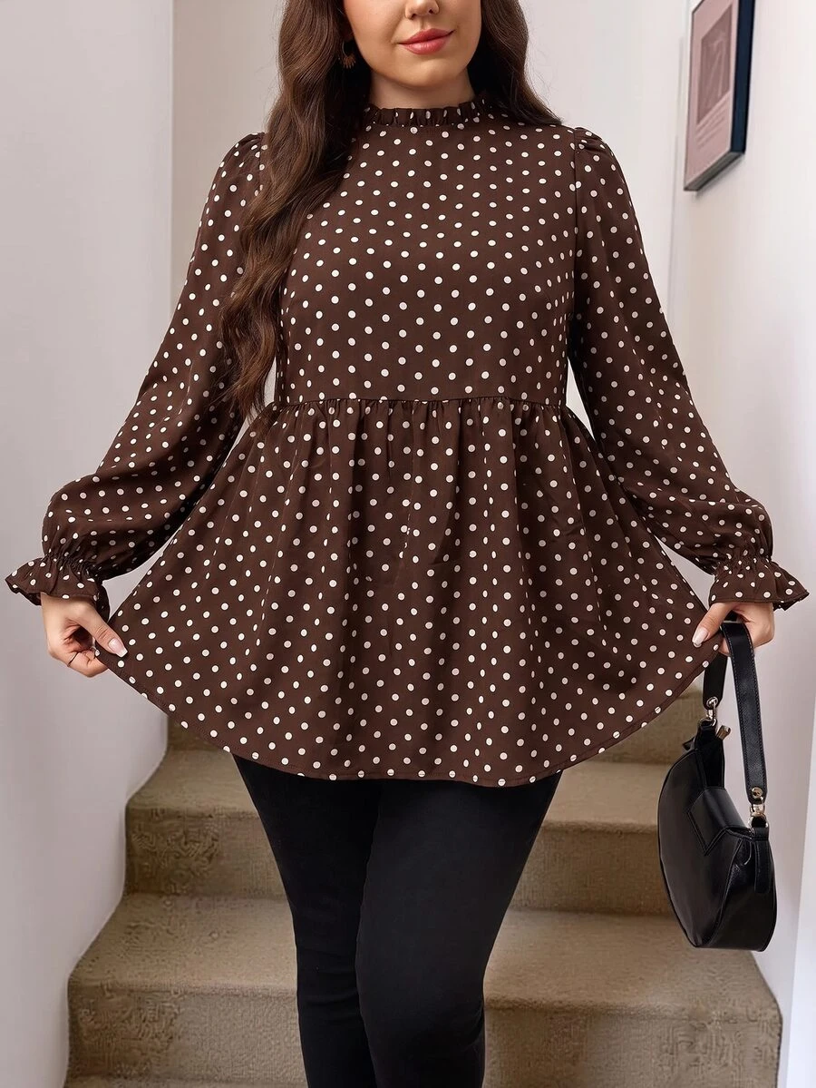 Easowa Curve Plus Size Autumn Casual Polka Dot Print Shirt - Coffee Brown - View 1