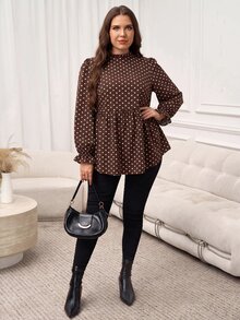 Easowa Curve Plus Size Autumn Casual Polka Dot Print Shirt - Coffee Brown - View 8