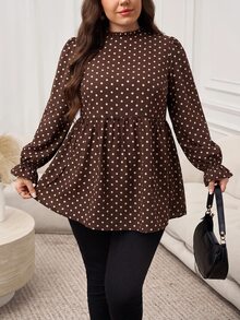 Easowa Curve Plus Size Autumn Casual Polka Dot Print Shirt - Coffee Brown - View 7