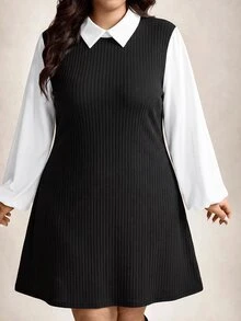 Easowa Curve Plus Size Women's Black & White Contrast Color Dress, Autumn/Winter - Black and White - View 5