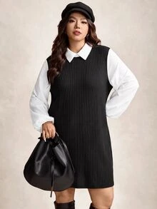 Easowa Curve Plus Size Women's Black & White Contrast Color Dress, Autumn/Winter - Black and White - View 6