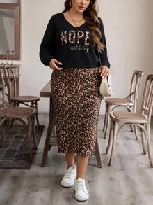 Comfylo Plus Size Women's Leopard Print Dress And Letter Graphic Top Streetwear Casual Anti Social 2 Pieces Set Vacation Evening Rave Black Brown Summer - Multicolor - View 5