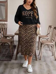Comfylo Plus Size Women's Leopard Print Dress And Letter Graphic Top Streetwear Casual Anti Social 2 Pieces Set Vacation Evening Rave Black Brown Summer - Multicolor - View 7