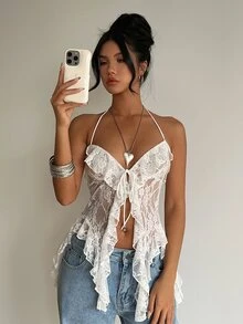Aloruh 女款優雅白色蕾絲透視背心，修身長緞帶設計不對稱下擺夏季上衣，適合夜店、音樂節、婚禮與派對 - 白色 - 查看 6