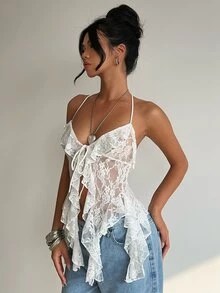 Aloruh 女款優雅白色蕾絲透視背心，修身長緞帶設計不對稱下擺夏季上衣，適合夜店、音樂節、婚禮與派對 - 白色 - 查看 7