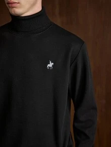 Marcello Vane 男士抓絨內裡高領毛衣 純色騎士刺繡保暖長袖針織套頭衫 秋季辦公商務全黑休閒款 - 黑色 - 查看 6