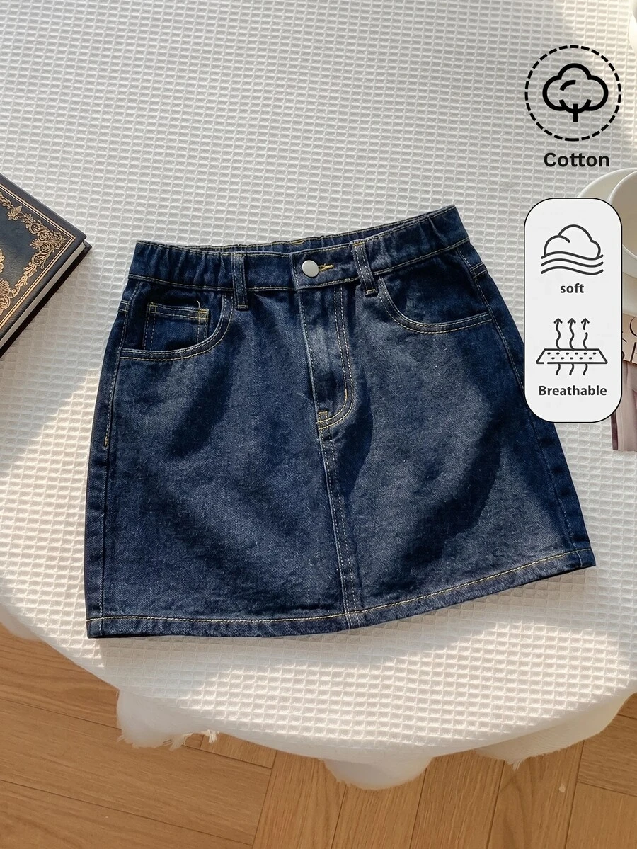 SHEIN 青少年女孩深藍色牛仔迷你裙,附口袋,秋冬萬聖節 Y2K 畢業返校穿搭 - 藍色 - 查看 1
