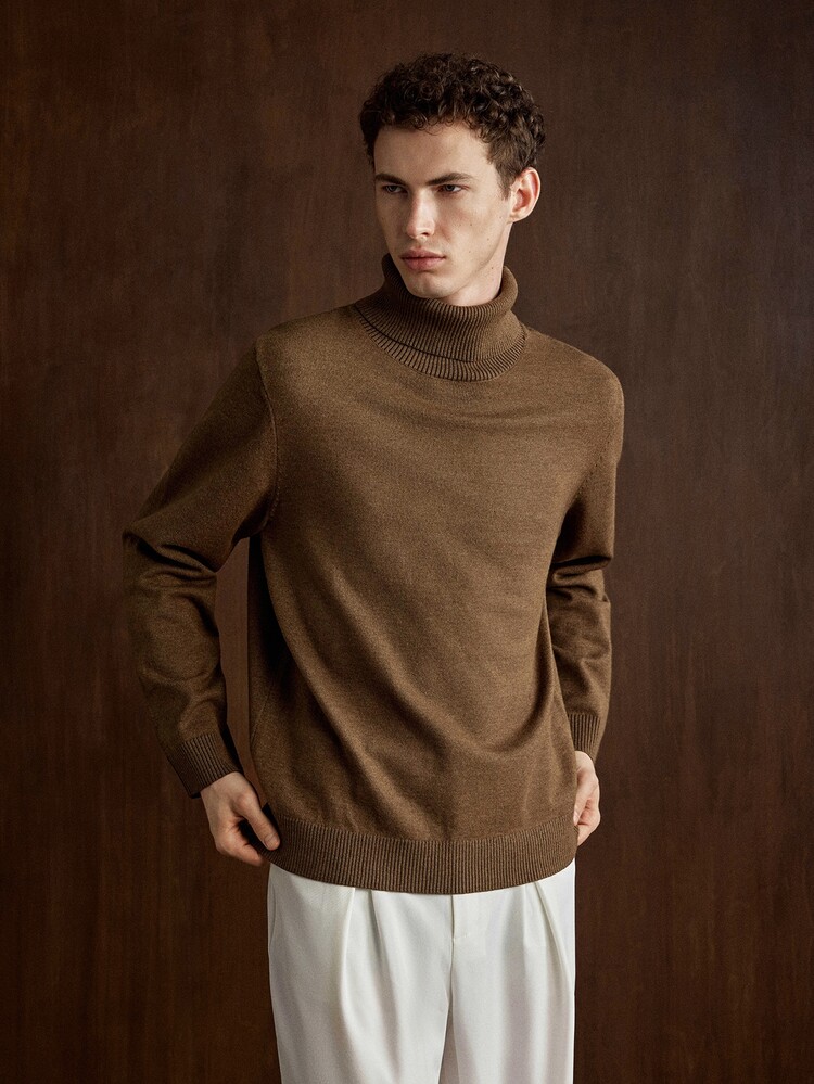 Manfinity CityGents Old Money Men's Autumn/Winter Casual Solid Color Turtleneck Sweater - Coffee Brown - View 4