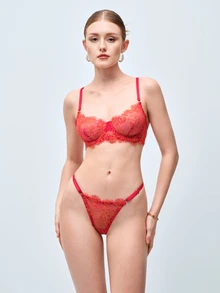 Softvol French Sexy Red Lingerie Set For Women, Ultra-Thin Sheer Lace Underwire Bra & Thong, Valentine's Day Everyday Lingerie - Red - View 3
