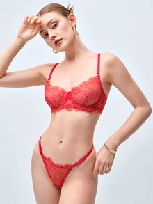 Softvol French Sexy Red Lingerie Set For Women, Ultra-Thin Sheer Lace Underwire Bra & Thong, Valentine's Day Everyday Lingerie - Red - View 6