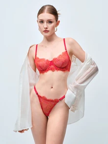 Softvol French Sexy Red Lingerie Set For Women, Ultra-Thin Sheer Lace Underwire Bra & Thong, Valentine's Day Everyday Lingerie - Red - View 1