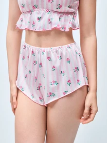 Softvol 两件套女士粉色碎花印花露脐上衣+短裤休闲睡衣套装，家居服 - 粉色 - 查看 7
