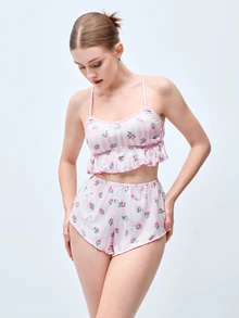 Softvol 两件套女士粉色碎花印花露脐上衣+短裤休闲睡衣套装，家居服 - 粉色 - 查看 4