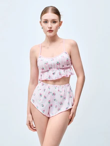 Softvol 两件套女士粉色碎花印花露脐上衣+短裤休闲睡衣套装，家居服 - 粉色 - 查看 3